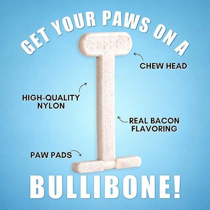 Bullibone Nylon Dog Chew Toy for Aggressive Chewers - Dental Hygiene Bone with Bacon Flavor, Durable Tough Chew Toys for Extra Large Dogs, Indestructible Dog Bone - 2 Pack