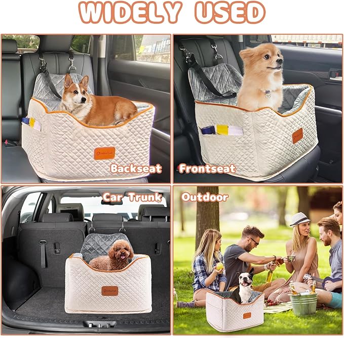 Memory Foam Booster Dog Car Seat with Washable Removable Cover, Elevated Pet Car Seat, Anti-Slip Sturdy Booster Seats for Small Dogs 35lbs, Seat Belt, Storage Pocket, Dog Blankets