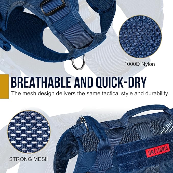 OneTigris Tactical Dog Harness for Small Dogs with Handles, Mesh Design Service Dog Vest Breathable Military Dogs Molle Vests with Handles, Harness for Walking Hiking Training (Blue, XS)