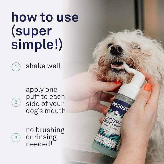 Petpost | Fresh Breath Foam for Dogs - Mint & Apple Flavored Dental Solution That Eliminates Bad Breath - Natural Tooth Cleaning Treatment 5 oz.