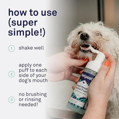 Petpost | Fresh Breath Foam for Dogs - Mint & Apple Flavored Dental Solution That Eliminates Bad Breath - Natural Tooth Cleaning Treatment 5 oz.