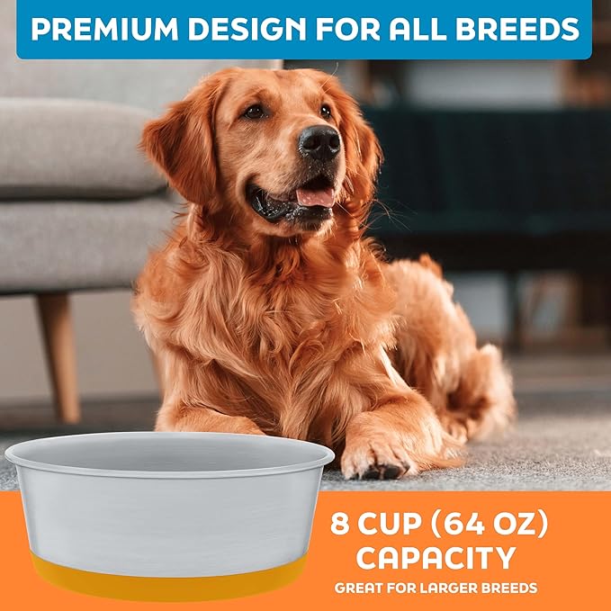 Master Pet Supply Stainless Steel Dog Bowls Set of 2 with Extra Thick Silicone Base - 8 Cup (64 oz) Mango Tango, Non-Slip, Dishwasher Safe Metal Bowls, Pet Dog Food Bowl for Dogs, Cats, Anti Rust