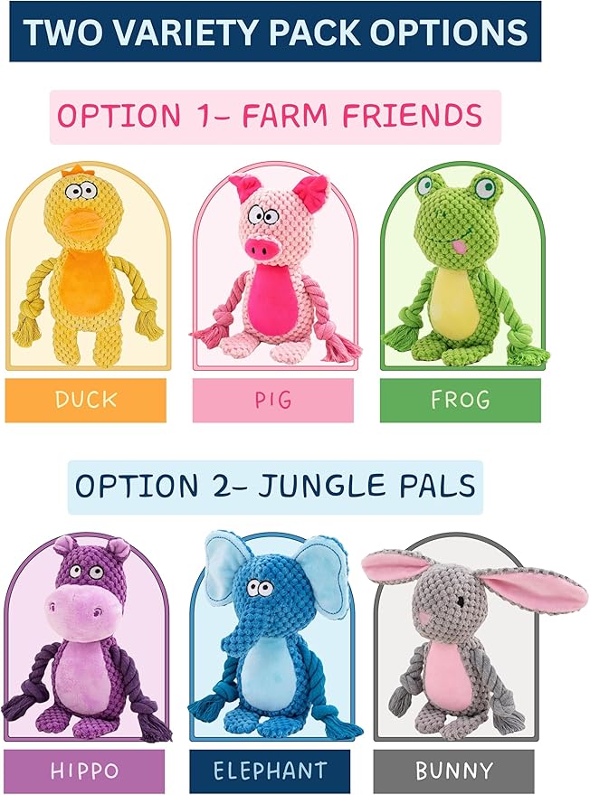 Leash and Leisure Plush Dog Toys, 3-Pack Variety Set with Squeaker, Crinkle Paper, Rope, Non-Toxic, Soft & Durable, Teething Puppy Toys- Farm Friends or Jungle Pals, 9.45 x 3.94 inches (Farm Friends)