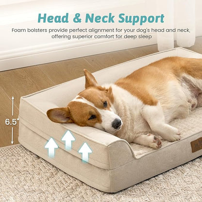 COZY KISS Orthopedic Dog Bed for Small Medium Size Dogs, Bolster Pet Couch with Waterproof Lining, Egg Crate Foam Sofa for Pets Up to 30 lbs, U-Shaped, 30x20x6.5 inch, Beige