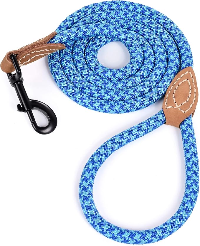 Mile High Life | Mountain Climbing Dog Rope Leash with Heavy Duty Metal Sturdy Clasp | Genuine Leather Tailored Connection with Strong Stitches (Sky Blue Hot Blue, 60 Inch (Pack of 1))