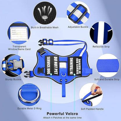 Service Dog Vest Harness and Leash Set+10 Patches,No Pull&Easy Walk Reflective Dog Harness with Soft Padded Handle for Training/Everyday,Fit Small/Medium/Large/Extra-Large Dogs (Blue XL)