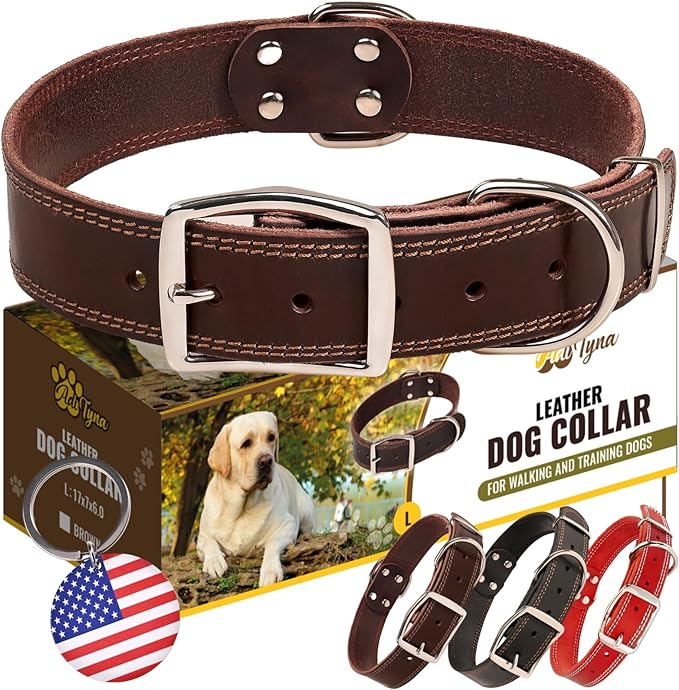 ADITYNA Heavy Duty Leather Dog Collar for Large Dogs - Soft and Strong Leather Collar for Walking, Training, Hunting, and Running (Large: Fit 17" - 23" Neck, Brown)