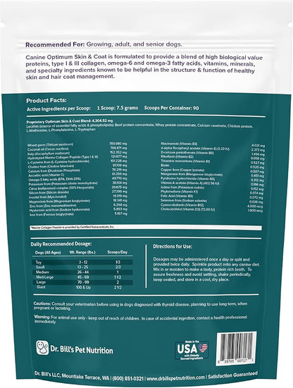 Dr. Bill's Canine Optimum Skin & Coat – Reduces Shedding, Itching, Dry Skin – Allergy Relief for Healthy Fur - Omega 3, Collagen, Biotin & Hyaluronic Acid – 680g Vet-Recommended Dog Supplement