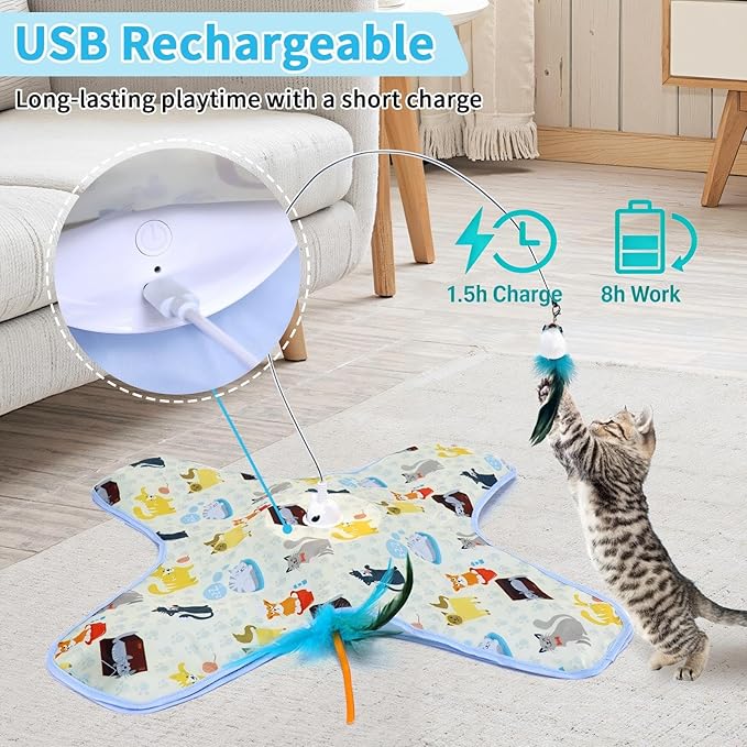 DFQ Interactive Cat Toy,3 in 1 Hide and Seek for Indoor Cats, Rechargeable Touch-Activated Moving Feather Wand with Concealed Motion, Play Toy for Kittens and Adult Cats (Yellow)