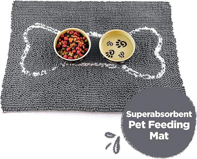 Soggy Doggy Slopmat - Gray/Light Gray Bone - 18” x 24″ - Water Absorbing Door Mat for Muddy Paws and Food/Water Bowls - Microfiber Chenille Small Doormat - Machine Washable