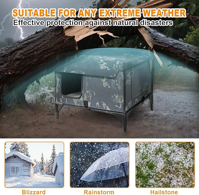 Heated Cat House for Outside, Outdoor Pet Warming Shelter with Time & Temperature Controler, Waterproof with Escape Door, Used Separately for All Four Seasons with Rain-Proof Eaves