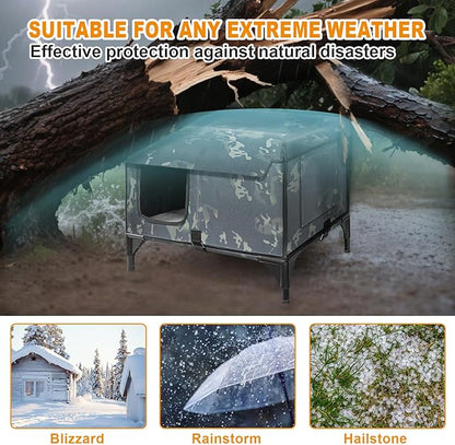 Heated Cat House for Outside, Outdoor Pet Warming Shelter with Time & Temperature Controler, Waterproof with Escape Door, Used Separately for All Four Seasons with Rain-Proof Eaves