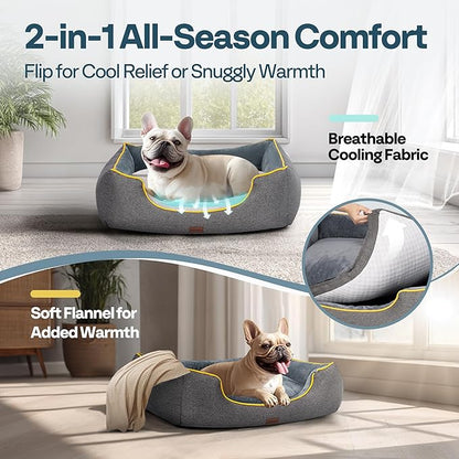 Orthopedic Medium Sized Dog Bed with Removable Washable Cover, Waterproof & Non-Slip Base, Cat Couch Sofa, Comfortable Pet Bed with Cooling/Warming, Dual-Layer Interior Padding, 28", Grey