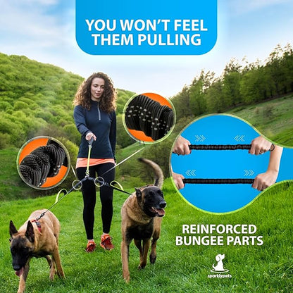 SparklyPets Double Dog Leash for 2 Dogs – Rope Bungee Dual Leash for Medium and Large Breeds with Padded Handles & Tangle Free (Green, Medium/Large)