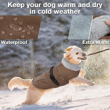 Lelepet Warm Dog Coats for Large Dogs Waterproof Dog Jacket Reflective Pet Fleece Vest Windproof Cold Weather Coats with Adjustable Buckle & Leash Hole, Brown, L