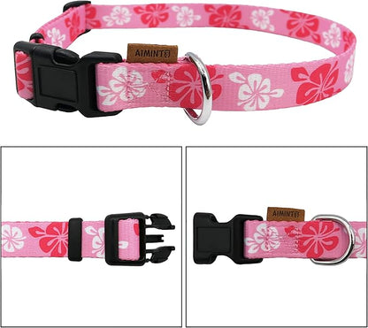 Dog Collar, Cute Floral Pattern, Soft and Adjustable Collar with Quick Release Buckle (M (Neck 14-24", Width 3/4"), Hawaiian Pink)