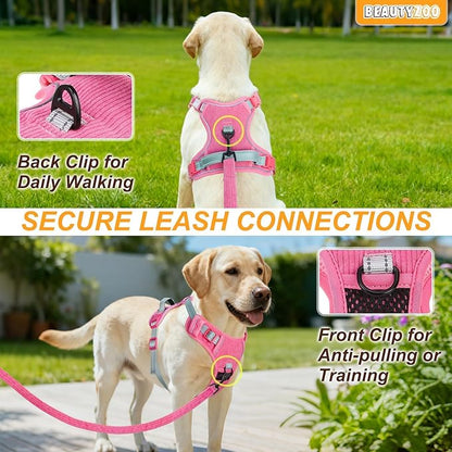 BEAUTYZOO No Pull Dog Harness Large, Adjustable Dog Harness and Leash Set -Easy Wearing with 3 Buckles/Control Handle,No Choke Soft Padded Reflective Pet Vest for Training Walking Hiking,Rose L