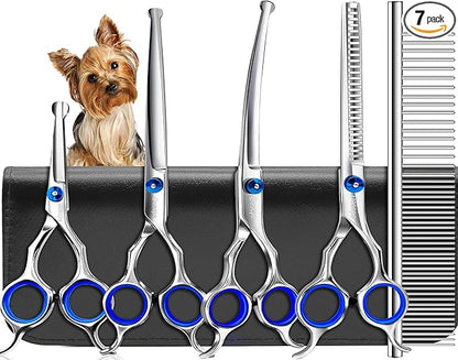 6 in 1 Professional Dog Grooming Scissors Set Pet Hair Cutting Shears Kit, Stainless Steel with Safe Rounded Tips for Dog Cat Other Animals, Right Left Handed
