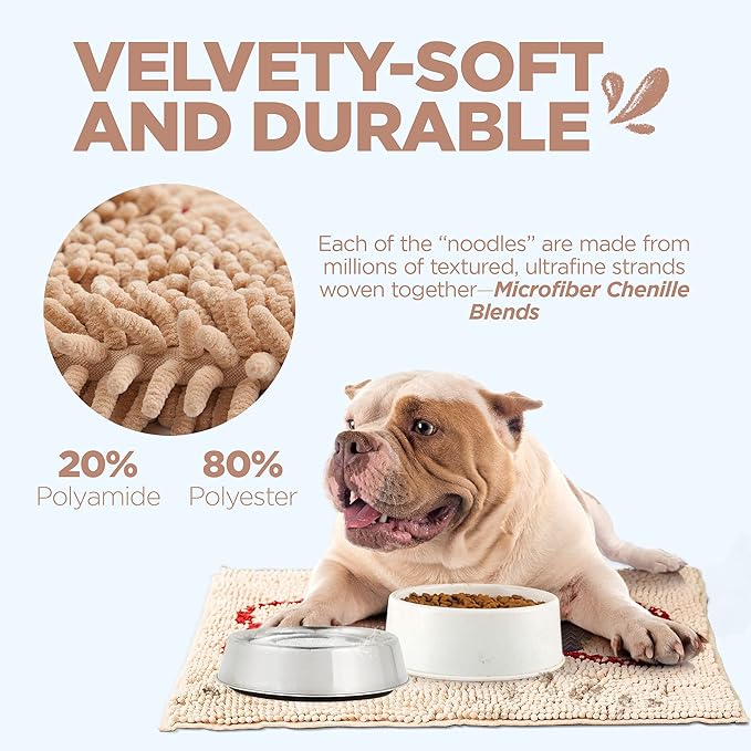 Soggy Doggy Slopmat - Beige/Red Bone - 18” x 24″ - Water Absorbing Door Mat for Muddy Paws and Food/Water Bowls - Microfiber Chenille Small Doormat - Machine Washable