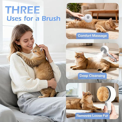Steam-Like Spray Cat Brush - 3-in-1 USB Rechargeable Deshedding & Self-Cleaning Brush with Water Mist for Long & Short Hair Cats Dogs, Waterproof, 2 Speed Settings