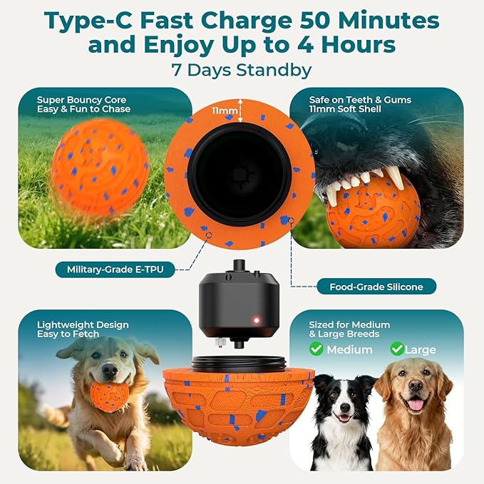 Smart Interactive Dog Toy Ball – Automatic Moving, Bouncing & Rolling, 3 Modes, Chew-Proof E-TPU Shell, Waterproof, Rechargeable,Dog Ball for Medium and Large Dogs, Orange