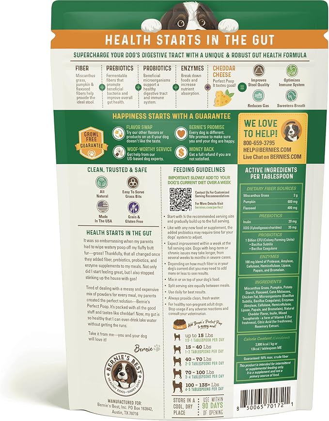 Perfect Poop Digestion & General Health Supplement for Dogs: Fiber, Prebiotics, Probiotics & Enzymes Relieve Digestive Conditions, Optimize Stool, and Improve Health (Cheddar Cheese, 12.8 oz)