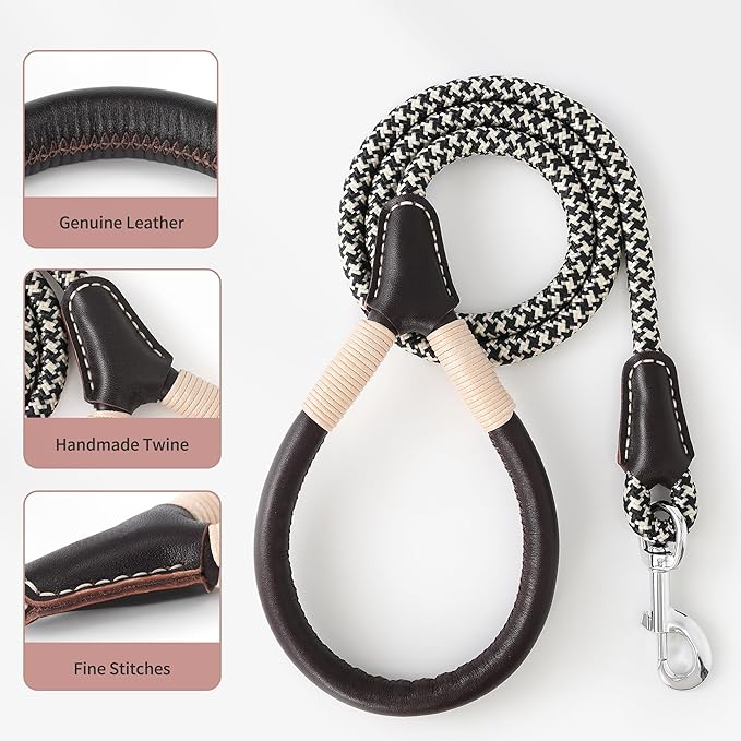 Mile High Life Genuine Leather Wrapped Handle Dog Leash, w Heavy Duty Clasp Rope Leash for Small Medium Large Dogs (Black Khaki, 4FT)