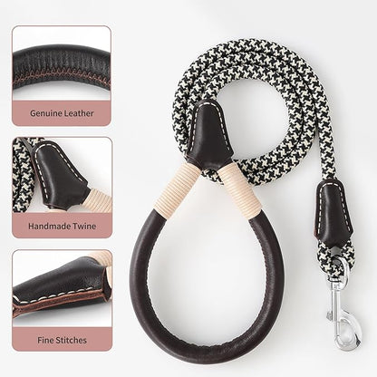 Mile High Life Genuine Leather Wrapped Handle Dog Leash, w Heavy Duty Clasp Rope Leash for Small Medium Large Dogs (Black Khaki, 5FT)