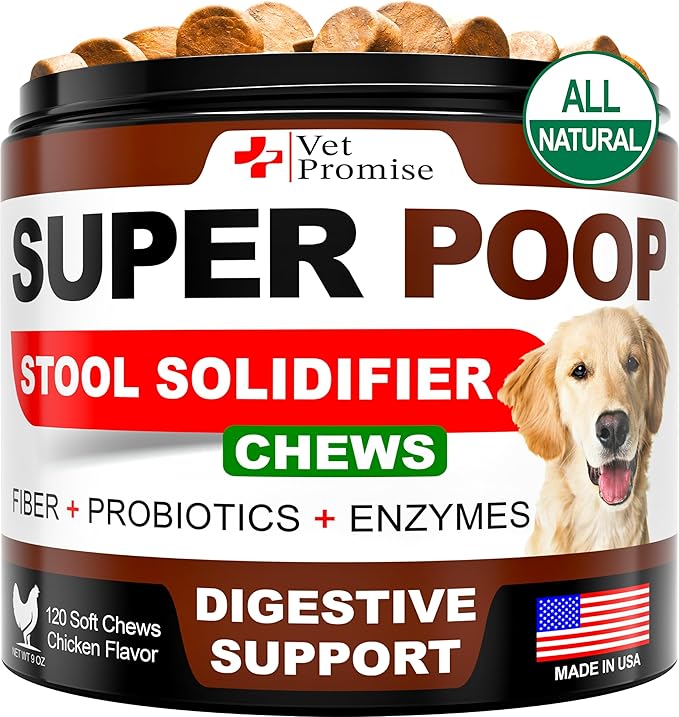 Vet Promise Super Poop Probiotics for Dogs - Dog Stool Softener - Fiber for Dogs Supplement - 6 Probiotics and Digestive Enzymes - Healthy Gut - Perfect for Firm Stool & Diarrhea Relief - 120 Chews