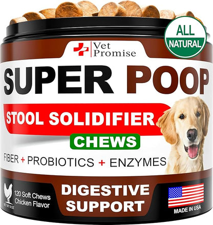 Vet Promise Super Poop Probiotics for Dogs - Dog Stool Softener - Fiber for Dogs Supplement - 6 Probiotics and Digestive Enzymes - Healthy Gut - Perfect for Firm Stool & Diarrhea Relief - 120 Chews