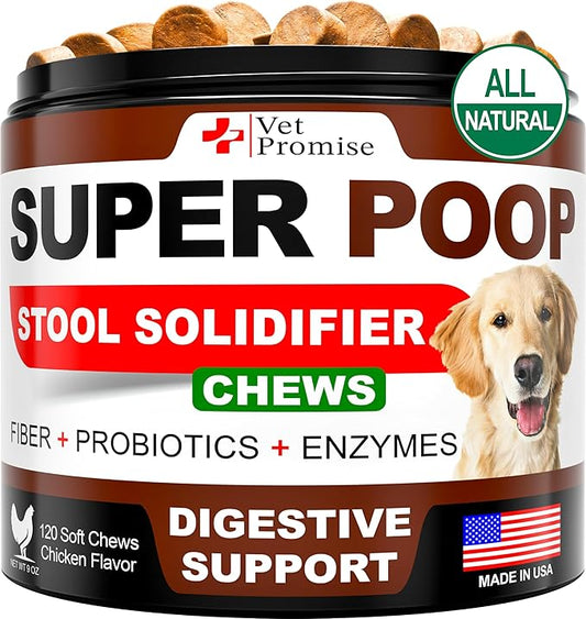 Vet Promise Super Poop Probiotics for Dogs - Dog Stool Softener - Fiber for Dogs Supplement - 6 Probiotics and Digestive Enzymes - Healthy Gut - Perfect for Firm Stool & Diarrhea Relief - 120 Chews