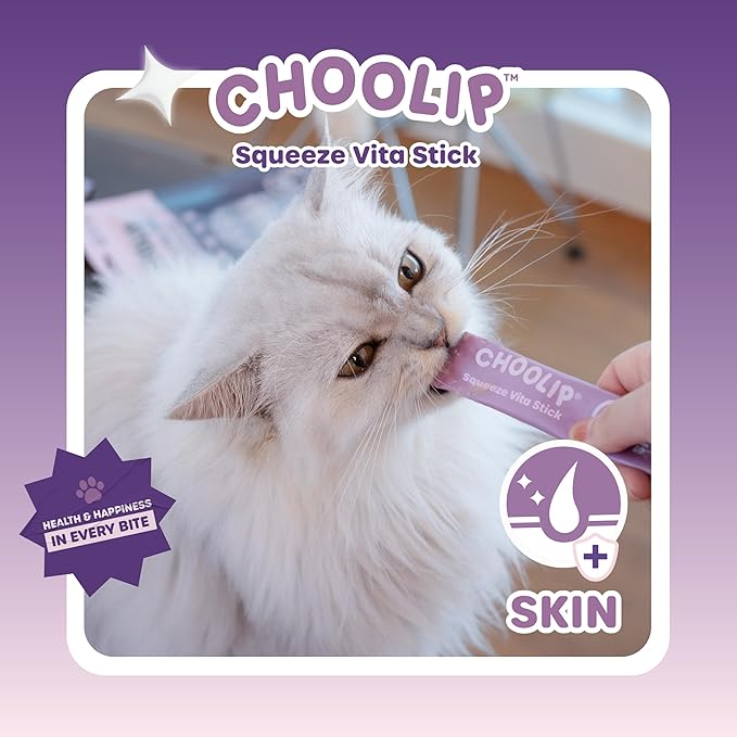 Choolip Squeeze Vita Stick Lickable Cat and Dog Treats, 7-Count Skin and Coat Support, Salmon and Pollack with Biotin and Omega-3, Vet-Formulated