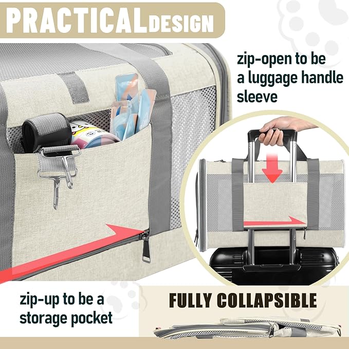 GAPZER Pet Carrier for Large Cat 20 lbs+ / Soft Sided Small Dog 12 Pounds Travel Crate Top Load/Collapsible Kitty Carry Bag Big Kitten Mesh/Sturdy Animal Transport cage Kennel Long Trips Beige