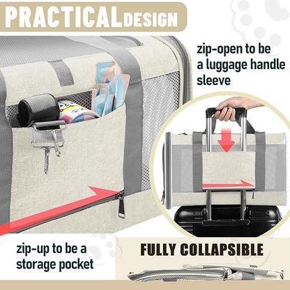 GAPZER Pet Carrier for Large Cat 20 lbs+ / Soft Sided Small Dog 12 Pounds Travel Crate Top Load/Collapsible Kitty Carry Bag Big Kitten Mesh/Sturdy Animal Transport cage Kennel Long Trips Beige