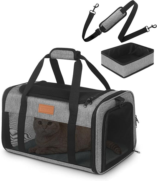 PETUX Airline Approved Pet Carrier - 17x11x9.5 in, Underseat, Top & Side Entry, Soft Sided Cat Dog Carrier for Small Cat & Dog Up to 12 lbs with Anti-Scratch Mesh & Litter Box for Travel & Vet - Grey