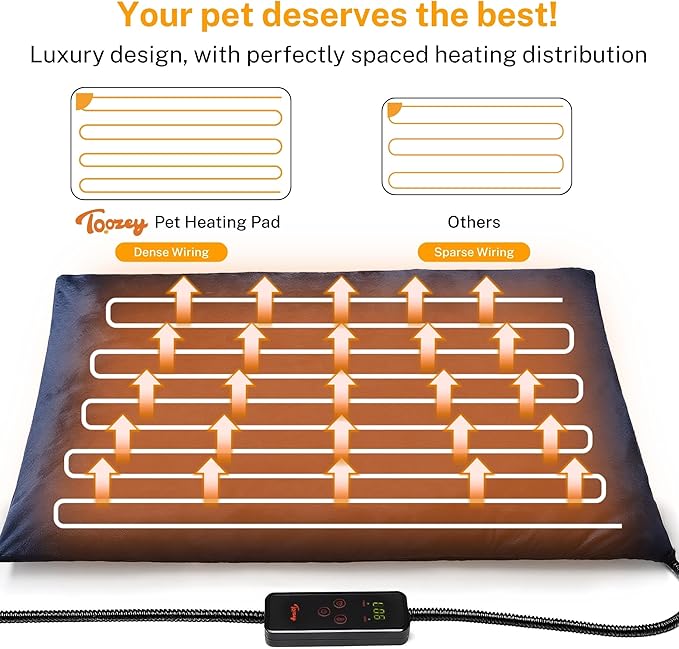 Toozey Pet Heating Pad, 6 Adjustable Temperature Dog Cat Heating Pad with Timer, Waterproof Heated Dog Bed with Chew Resistant Cord, Indoor Electric Pet Heated Mat 28x20in