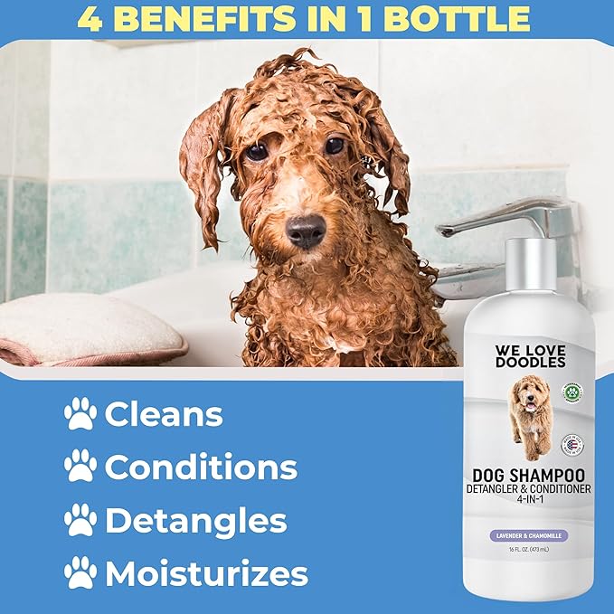 Dog Shampoo, Conditioner & Detangler - Best Shampoo for Goldendoodles, Poodles & Doodles Pet Hair - Hypoallergenic, Tearless, Sensitive Skin for Puppies & All Dog Breeds - Made in USA, 16OZ (Lavender)