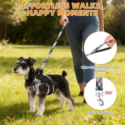 KOOLTAIL Dog Harness and Leash Set, Step in No Pull Soft Mesh Padded Pet Vest Harness Collar for Medium Size Dogs Cats Boy Girl, Breathable & Lightweight Plaid Puppy Harness, Beige M