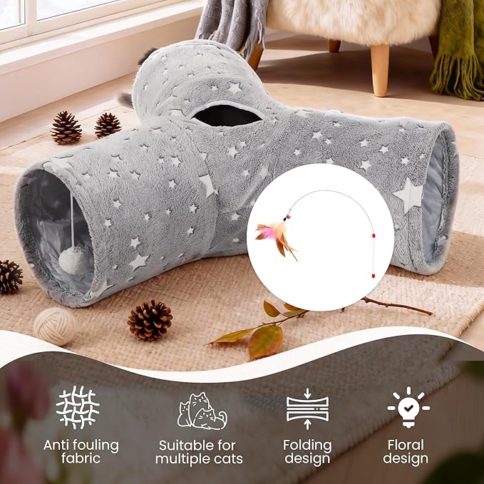 Tempcore 3-Way Collapsible Cat Tunnel Toy with Self-Luminous Tube & Peek Hole Ball - Photoluminescence Play Tunnel for Indoor Cats, Kittens, Kitty, Puppy, Rabbit - Boredom Relief Pet Toy