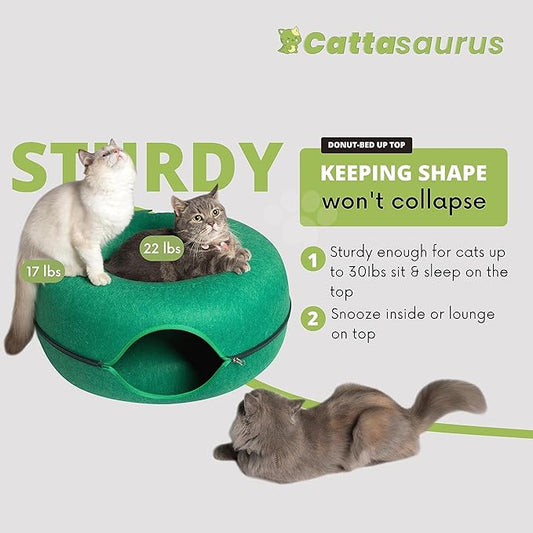 Cattasaurus Peekaboo Cat Cave Donut for Multiple & Large Cats up to 30-45 lbs, 3-in-1 Self Warming Cat Bed, Tunnel & Scratcher for Indoor Cats, Washable & Detachable Dog Bed (Forest Green, Large)