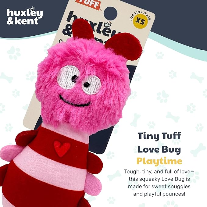 Huxley & Kent Funny Dog Toy w/Squeaker – Valentine's Day Power Plush Squeaky Dog Toys for Small Dogs – Durable Small Stuffed Animal for Indoor Play & Fetch - Tiny Tuff Love Bug