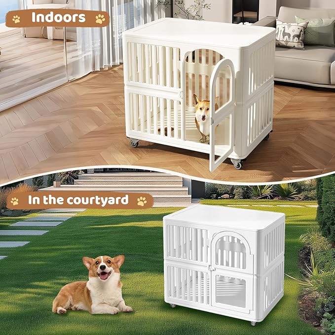 Acrylic Dog Crate Indoor with Wheels 34x 23x 30,Cute Plastic Easy Cleaning Pet Play Pen for Puppy Small Medium Dogs Playpen,White Houses Kennel