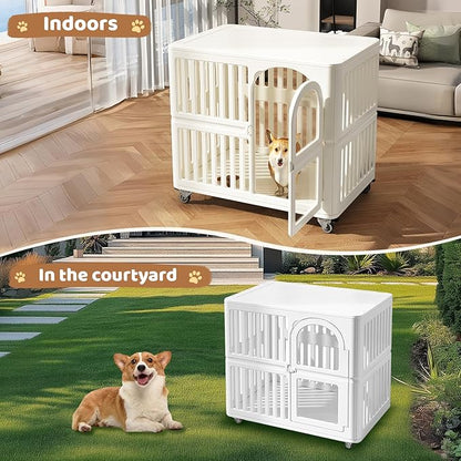 Acrylic Dog Crate Indoor with Wheels 34x 23x 30,Cute Plastic Easy Cleaning Pet Play Pen for Puppy Small Medium Dogs Playpen,White Houses Kennel