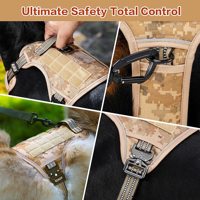 PawsPassion No Pull Dog Harness for Large Dog, Heavy Duty Tactical Adjustable Pet Harness, Voyager Service Walking Vest Harness with Easy Control Handle Reflective Strip (Dune Patrol, XL)