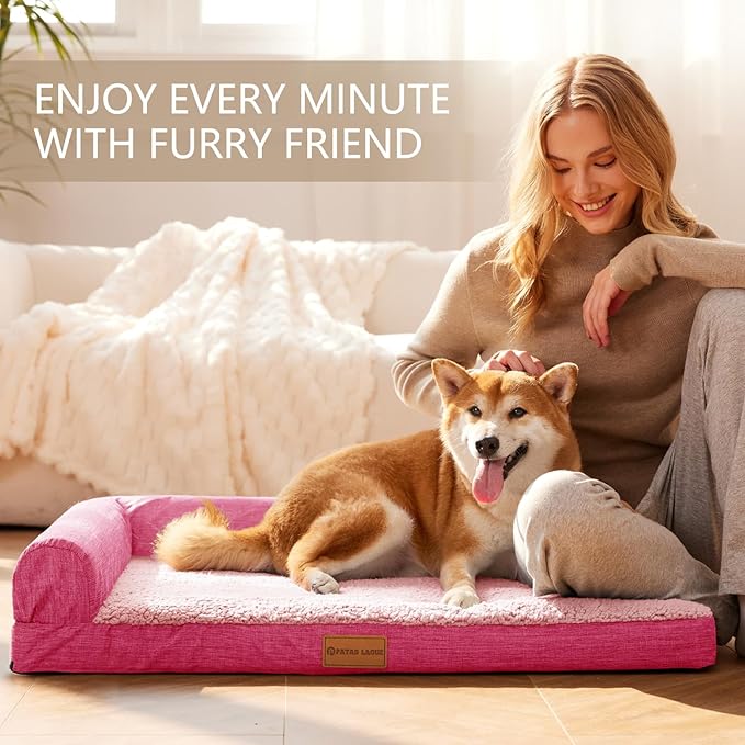 Patas Lague Orthopedic Jumbo Dog Bed for Extra Large Dogs 56''X40'', Waterproof L Bolster Pet Sofa Beds with Removable Washable Cover, Soft Comfortable Pet Couch Crate Mat with Nonskid Bottom, Pink