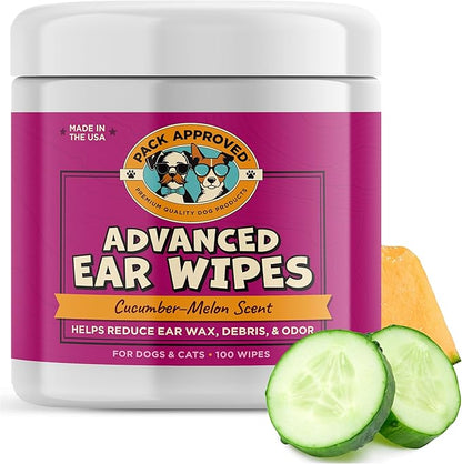 Pack Approved Advanced Ear Wipes for Dogs & Cats with Aloe Vera - Gentle, Non-Irritating Ear Cleaner for Cats and Dogs - Helps Deodorize and Remove Ear Wax - Cucumber Melon Scent (100 Wipes)