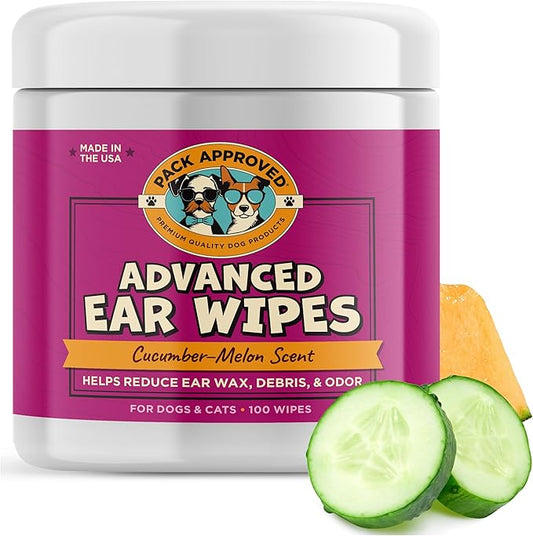 Pack Approved Advanced Ear Wipes for Dogs & Cats with Aloe Vera - Gentle, Non-Irritating Ear Cleaner for Cats and Dogs - Helps Deodorize and Remove Ear Wax - Cucumber Melon Scent (100 Wipes)