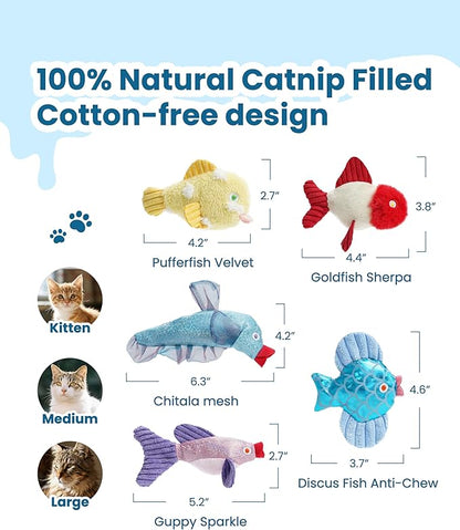 Nocciola Catnip Toys, 5 Pack Cat Toys for Indoor Cats with 100% Natural Catnip, Cotton-Free Kitten Toys in Assorted Colors, Soft Surface, Teething, Chewing & Kicker Floppy Fish Cat Toys