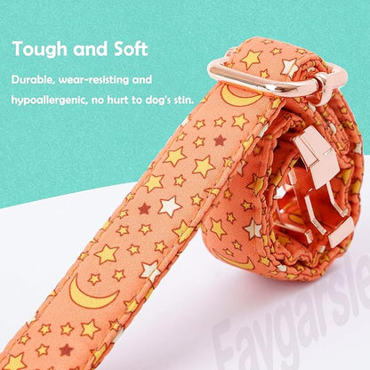 Faygarsle Orange Stars Moon Pattern Dog Collar for Small Medium Large Dogs Cute Puppy Collars for Female Dogs for Summer Spring Wedding Necklace Girl Dog Collar M