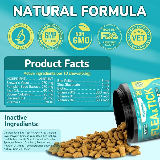 Woyamay 4-IN-1 Flea and Tick Prevention for Dogs, 500 Crunchy Dog Flea Chews, Dog Flea Treatment, Natural Oral Flea Treatment for Dogs, Daily Support for Flea, Skin & Coat, Gut, Immune, Chicken Flavor